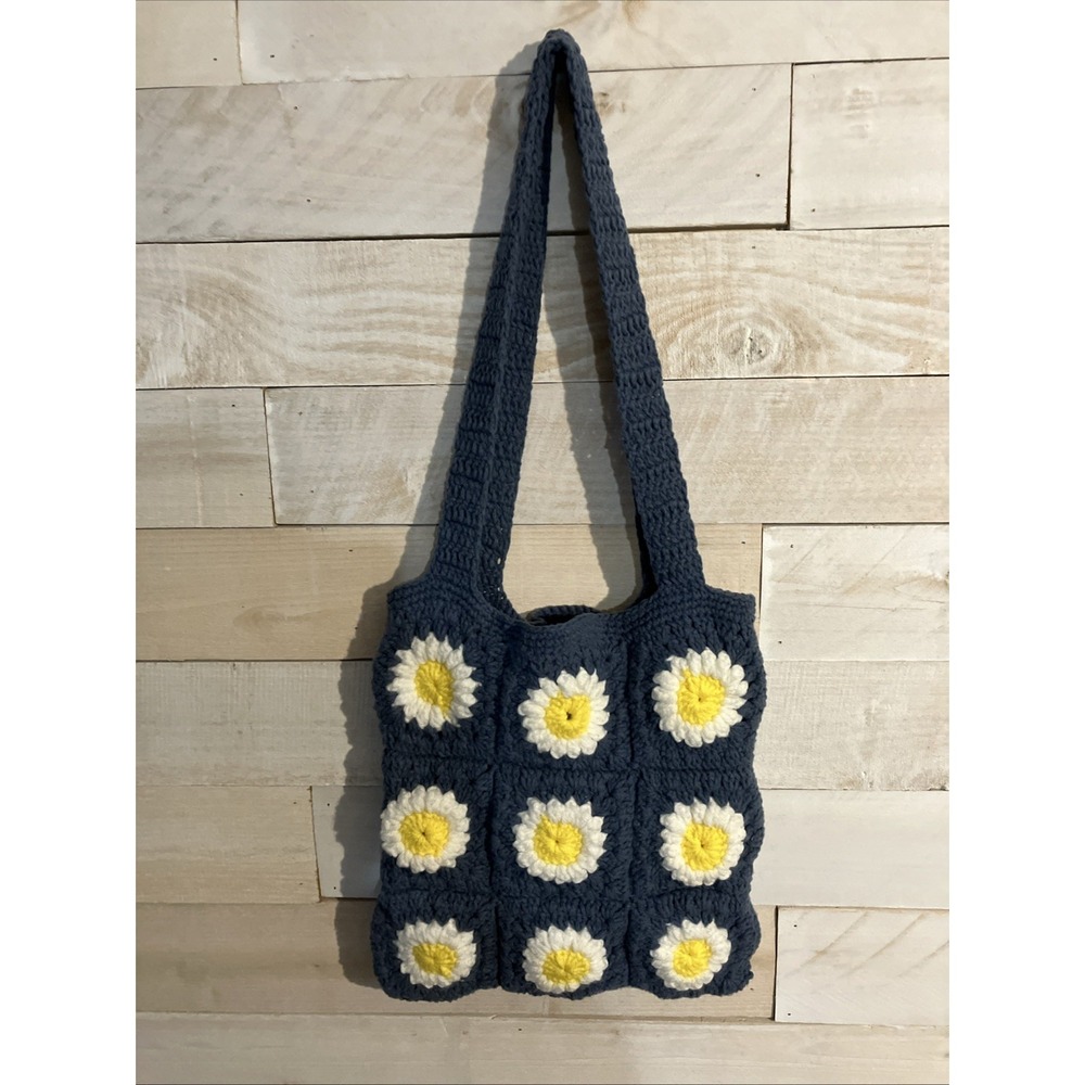 Blue Daisy Flower Granny Square Crochet Shoulder Bag Fast Shipping